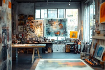 Wall Mural - A creative studio within an office, filled with art supplies and sketches on the walls. The blur merges the supplies into colorful, abstract shapes, giving the space a creative, artistic feel