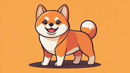 Wall Mural - A cheerful cartoon-style Shiba Inu dog standing against a bright orange background.