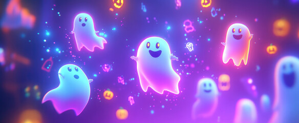 Wall Mural - Many cute cartoon ghosts, neon glow in the dark background