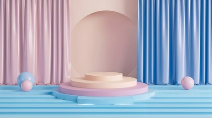 Elegant Pastel 3D Platform Podiums With Wavy Curtains And Reflective Water Surfaces – Minimalist 3D Render Abstract Mockups For Cosmetic And Product Promotion Display