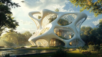 Poster - Modern Organic Architecture with a Pond and Lush Greenery