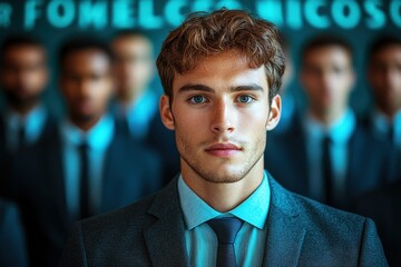 The Leader's Gaze: A confident young businessman stands out in a sea of suits, his gaze unwavering and determined, symbolizing leadership, ambition, and the drive to succeed. 