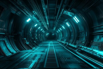 A futuristic, metallic, cylindrical corridor with glowing teal lights. The corridor is long and narrow, with a metal floor and walls.