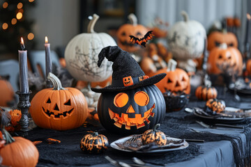 Halloween table setting featuring carved pumpkins, candles and spooky decorations