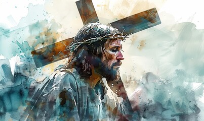 Jesus takes up his Cross. Digital watercolor painting illustration, Generative AI