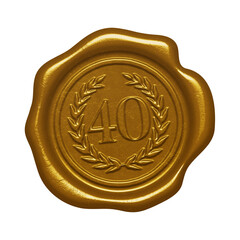 Gold wax seal with embossed number 40 isolated on transparent background