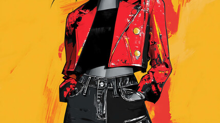 Poster - A stylish woman in a red leather jacket, black top, and jeans.