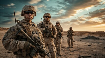 Squad of Three Fully Equipped and Armed Soldiers Standing on Hill in Desert Environment in Sunset Light