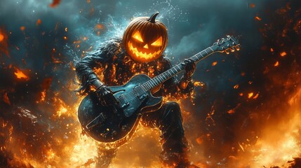 Wall Mural - A Thrilling Halloween Performance by a Flaming Pumpkin Rockstar