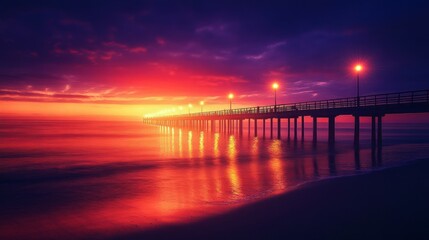 Wooden boardwalk extending from the beach to the sea at sunset