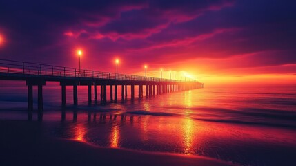 Wall Mural - Wooden boardwalk extending from the beach to the sea at sunset