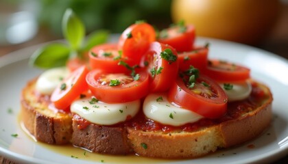 Wall Mural - Deliciously fresh bruschetta with tomatoes and basil