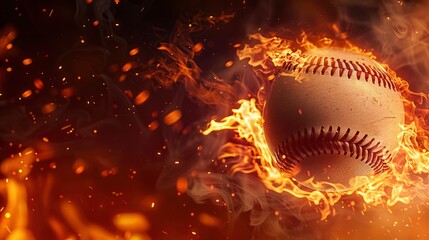 A flying baseball in a fire flame on a dark black background. Dynamic game of baseball, fast ball. Fire game. Creative baseball advertising