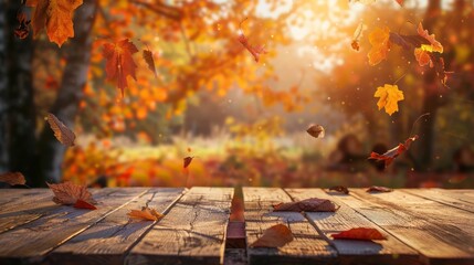 Autumn background. Wooden empty boards table against the backdrop of an autumn park with colorful falling leaves, beautiful bokeh with sunset lighting