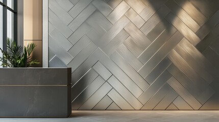 A modern hotel lobby with a feature wall of metallic tiles arranged in a chevron pattern, adding depth and visual interest