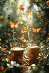 A whimsical scene with two cups of coffee steaming in a lush garden, surrounded by orange butterflies and coffee beans