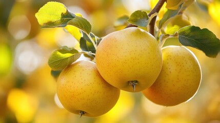 Canvas Print - Three Ripe Yellow Apples Hanging on a Branch