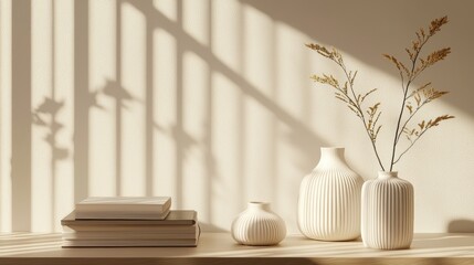 Poster - This elegant, modern arrangement portrays the gentle play of light and shadow in a peaceful space with white vases, dried flowers, and books.