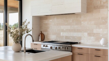 A rustic farmhouse kitchen with a tile backsplash made of hand-painted tiles in earthy tones, featuring botanical motifs