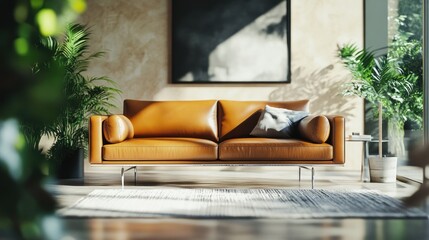 Sticker - Modern Living Room with a Leather Sofa and Plants