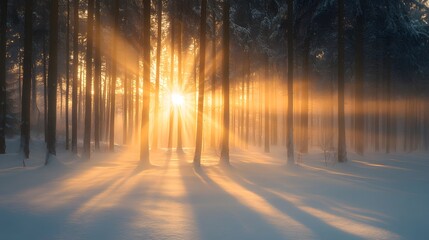 Wall Mural - sunset in the forest and snow