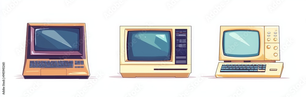 The screens of two vintage desktop computers are blank, and the ...