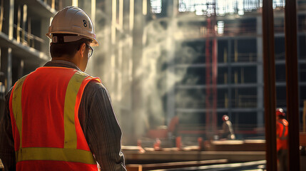 Construction concept. at back of the construction worker head which is wearing the safety helmet and checking work at the construction site. 