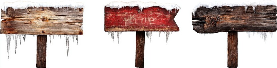 Poster - Cut out signs covered in snow and icicles, made from wood