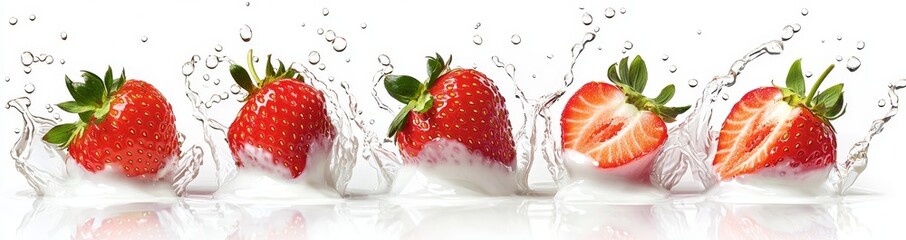 Wall Mural - An array of fresh strawberries splashed with cream, milk, smoothies, or yoghurt, cut out in different shapes and sizes