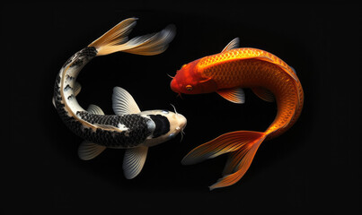 Beauty koi fish swimming on black background circular yin and yang