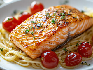 Gourmet grilled salmon fillet with a side of pasta and vibrant tomatoes, a delightful culinary fusion of flavors on a plate. Fresh seafood and Italian cuisine concepts.