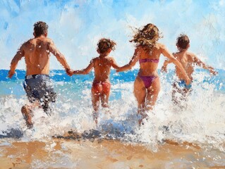 Canvas Print - group of friends jumping in water