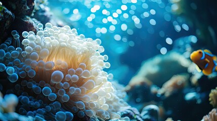 Bubble anemone with its distinctive bulbous tentacles, nestled on a coral reef, providing shelter to small fish in a tropical underwater scene