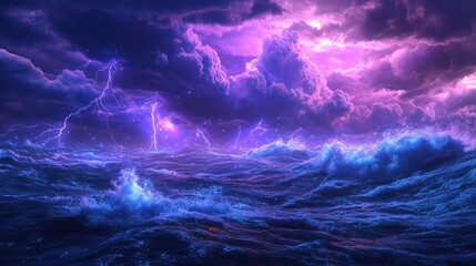 Canvas Print - A 3D stage-like seascape with soft violet and blue hues, featuring atmospheric lightning waves and energy explosions for a dynamic