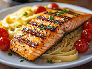 Gourmet grilled salmon fillet with a side of pasta and vibrant tomatoes, a delightful culinary fusion of flavors on a plate. Fresh seafood and Italian cuisine concepts.