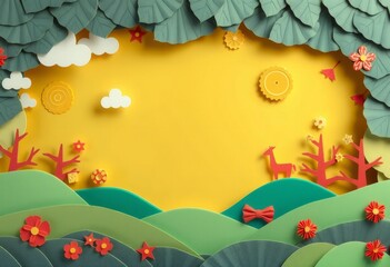 Paper craft of a summer day scene with yellow background and hills.