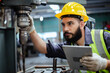 © eakgrungenerd - Man technician worker using tablet control setting up operating electric drill machinery of lathe metal factory industrial. Male worker wear yellow hardhat controlling iron drilling machine.