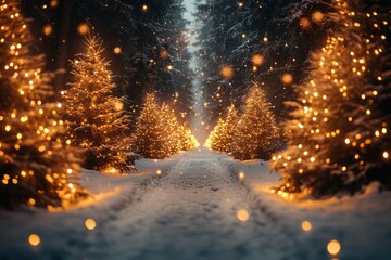 A magical winter forest pathway adorned with glowing Christmas trees, inviting visitors to experience the enchanting holiday atmosphere.