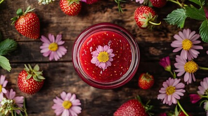 Wall Mural - A jar of homemade strawberry jam, surrounded by fresh berries and summer flowers