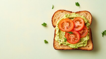 Poster - A slice of toasted sourdough bread, layered with mashed avocado and juicy tomato slices, surrounded