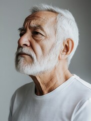 Aufkleber - An elderly man with white hair and a beard appears contemplative as he gazes upward, captured in soft natural light in an indoor setting. Generative AI