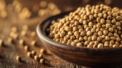 Wall Mural - Close-up of coriander seeds in a bowl, sitting on a wooden table. A warm, textured scene ideal for food and spice-related imagery.