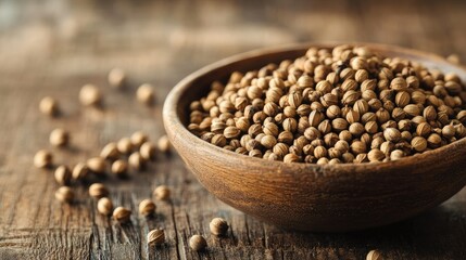 Wall Mural - Close-up of coriander seeds in a bowl, sitting on a wooden table. A warm, textured scene ideal for food and spice-related imagery.