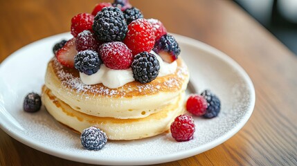 Close-up of fluffy souffle pancakes topped with cream and fresh berries, placed on a white plate on a wooden table, capturing the perfect breakfast treat