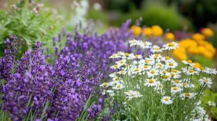 Wall Mural - Blooming Lavender and Daisies in a Garden