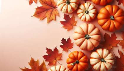 A collection of small orange pumpkins arranged on a soft beige background autumn leaves in shades of orange and brown