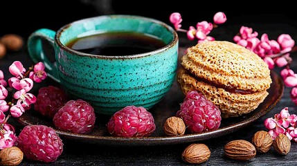   A plate with coffee, raspberries, and a close-up view