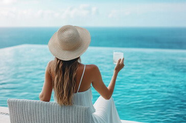 Wall Mural - A woman in white dress and straw hat sitting on the edge of an infinity pool with her back to camera