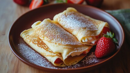 Crepes filled with a sweet and tangy mixture of sour cream and strawberries, served on a plate, with a sprinkle of powdered sugar on top