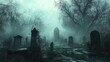 © Pannin - A foggy graveyard at night, with old, weathered tombstones, creeping fog, and a ghostly figure in the distance.